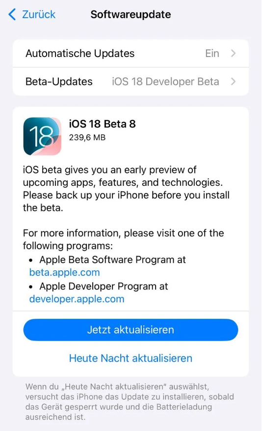 七星苹果手机维修分享苹果 iOS / iPadOS 18 开发者预览版 Beta 8 发布 